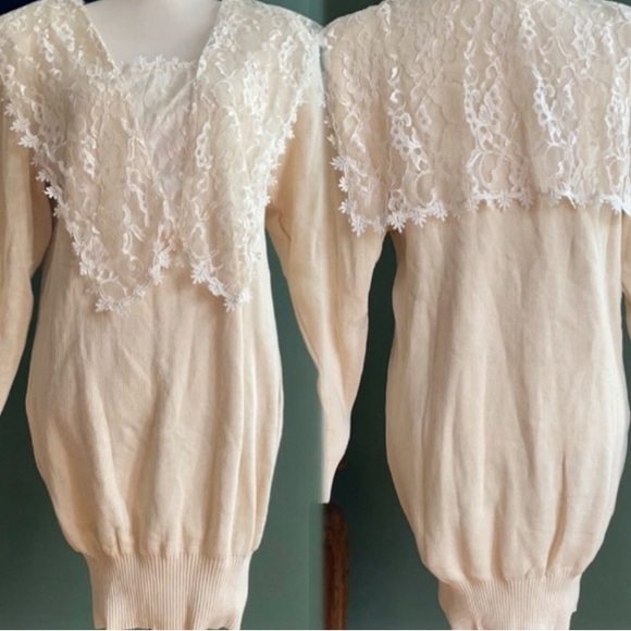 Womens Sz M vintage lace collar knit romantic retro beige casual rare sweater - Picture 2 of 8